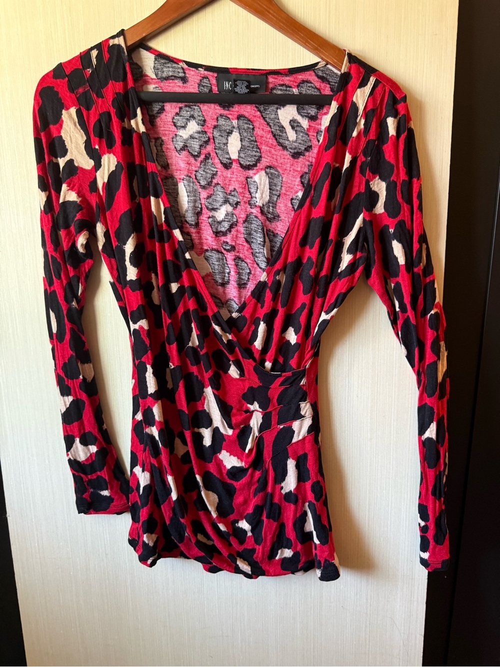INC International Concepts Red & Black Leopard-Print Wrap-Style Long Sleeve Top